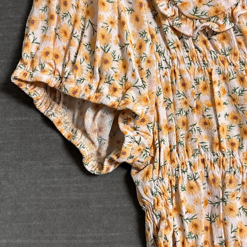 Elodie Top M Orange Yellow Floral Smocked Ruffle Collar Tie Crop Boho Cottage - Picture 6 of 10